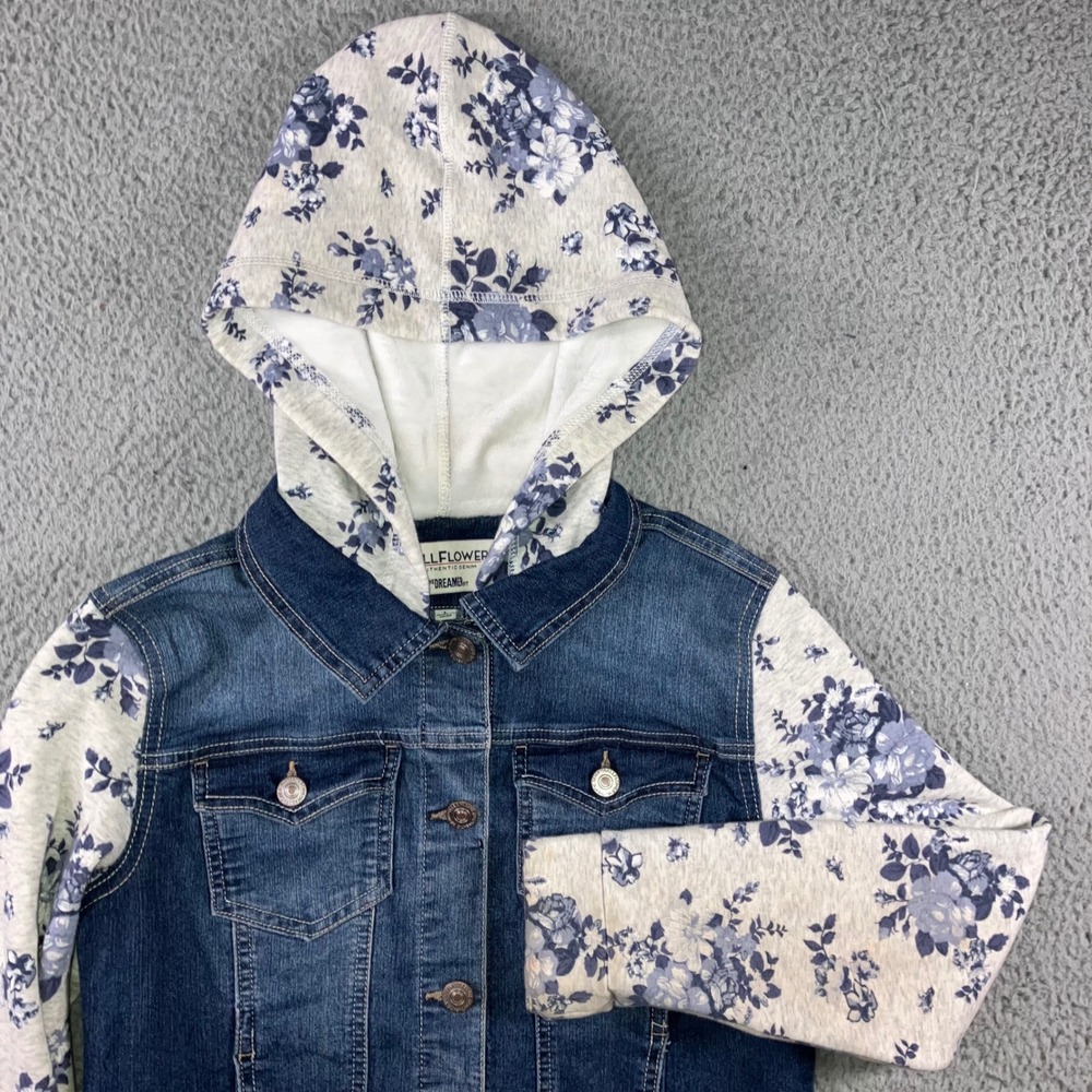 Floral Denim Jacket Juniors L Women Medium Hooded Mixed Media Layering Boho y2k
